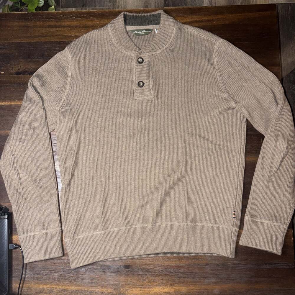 Eddie Bauer Henley Sweater Mens M Brown Ribbed 100% Cotton Mock Neck Pullover
